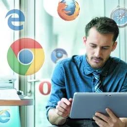 A man looking at his laptop screen as if he is considering which browser to 
    use - a few browser logos float in the background.