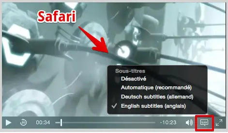 Screenshot of Safari menu fr choosing subtitle track.