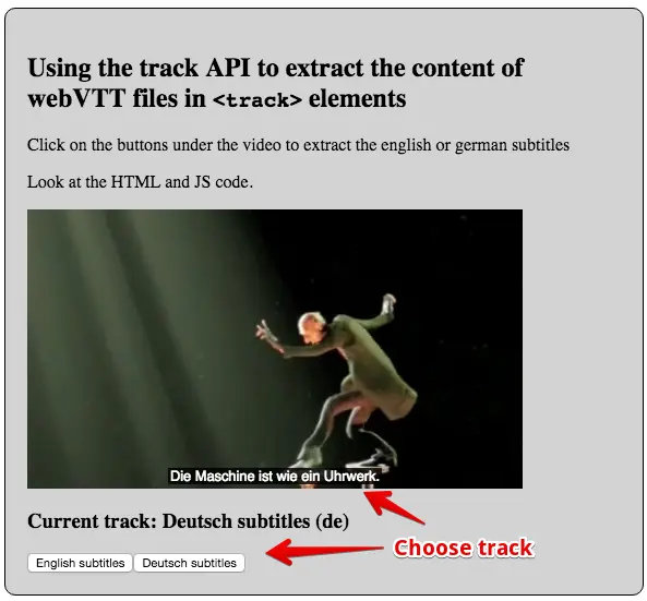 Buttons for choosing the track/language under a standard video player.