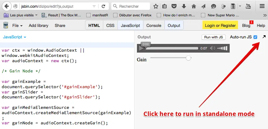 How to go in JsBin standalone mode: click the black arrow on top right of the output tab.
