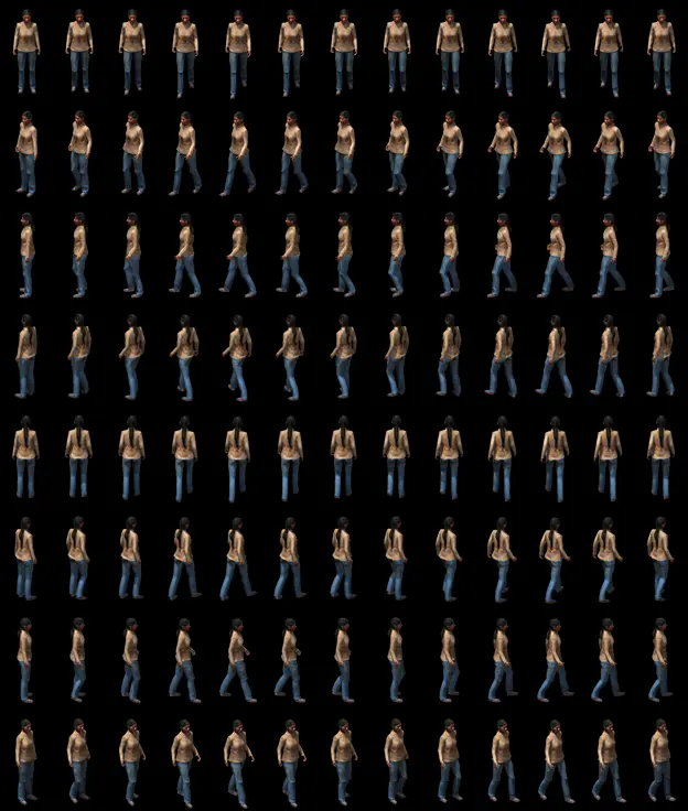 Sprite sheet of a woman walking, with different postures.