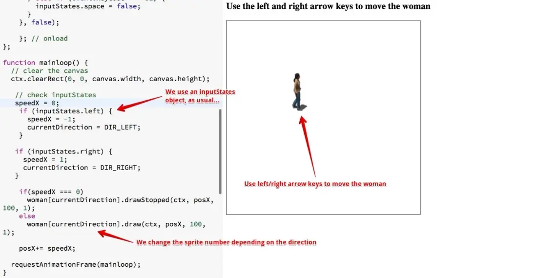 Woman moving left and right, jsbin screenshot.