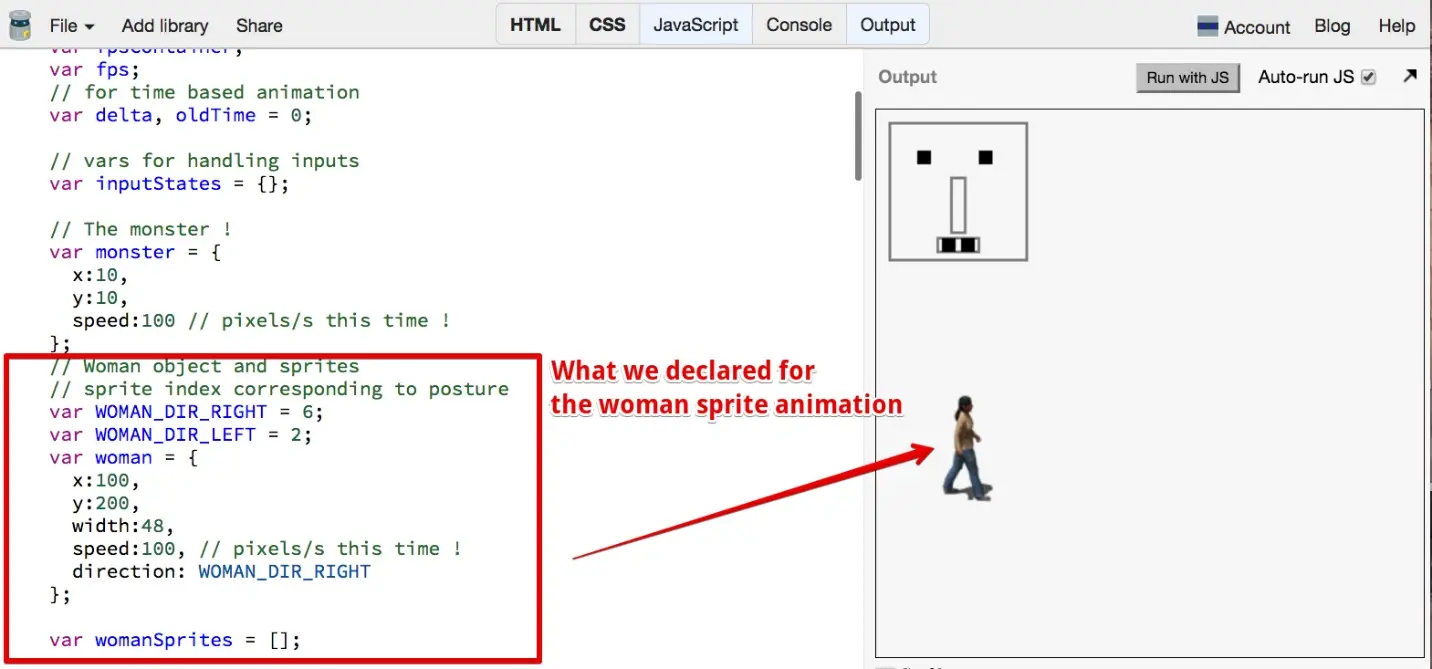 The woman sprite in the game framework, jsbin screenshot.