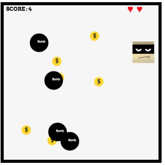 The game running, monster with black bombs and gold coins.