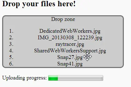 Example that uses drag'n'drop and a progress element for 
    monitoring the ajax upload of the files.