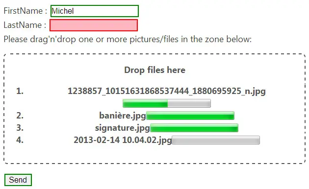 Uploading files using Xhr2, drag 'n drop with progress bar.