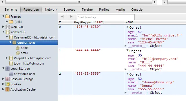 Devtools show that a new customer named Michel Buffa has been inserted.