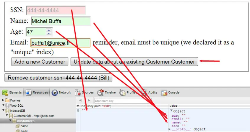 Devtools show a customer being updated in IndexedDB.
